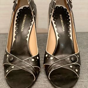 BCBG Maxazria, black leather, size 7, open toe pump